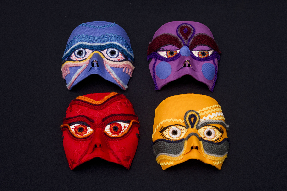 An image of four masks that is taken from the film Faces of Harassment by Paula Sacchetta (Brazil, 2016)